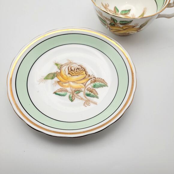 Vintage Victoria C & E Yellow Rose Mint Green Teacup & Saucer Set Bone China - Picture 9 of 9